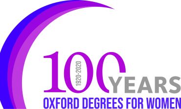 Purple and grey logo with text  reading 100 years - Oxford degrees for women