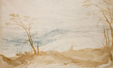 Pictured is Hilly Landscape by Jan Brueghel I, 1615-18, pen & brush in brown ink, with brown & blue wash, on laid paper ? Ashmolean Museum